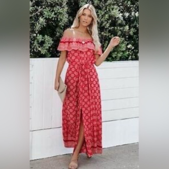 Talisman | Vici red Maisie print off the shoulder maxi dress Women’s size XS - Picture 13 of 13